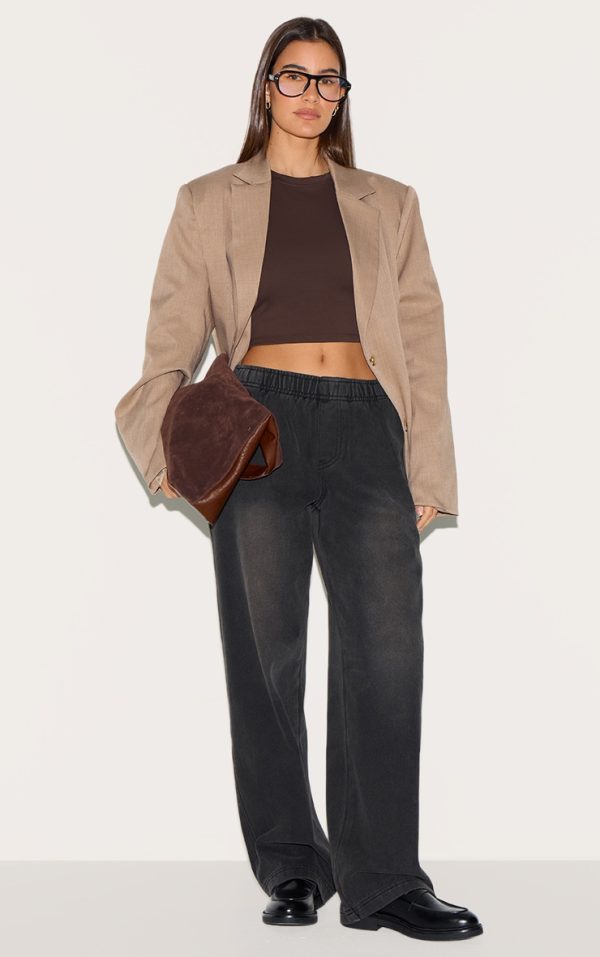 Washed Black Elasticated Waistband Wide Leg Jeans