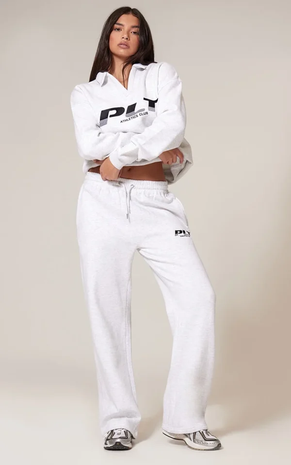 PRETTYLITTLETHING Grey Marl Athletics Club Embroidered Wide Leg Sweatpants