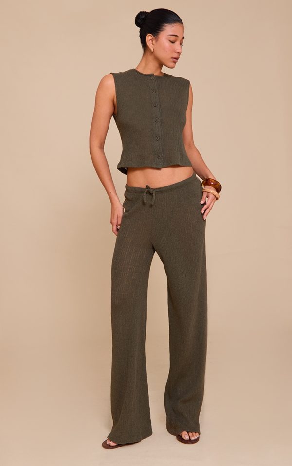 Khaki Mid Rise Textured Wide Leg Pants
