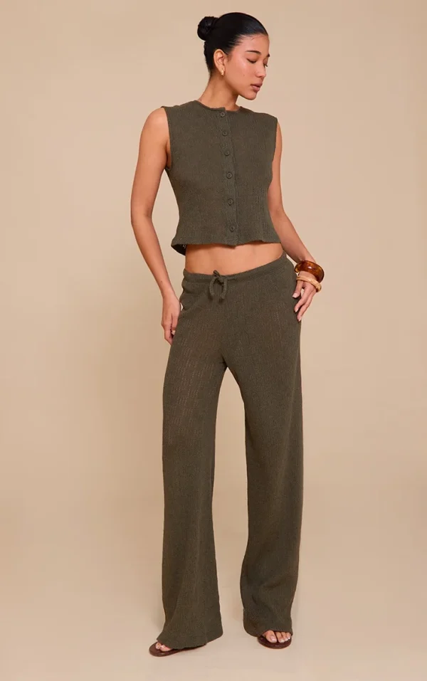 Khaki Mid Rise Textured Wide Leg Pants