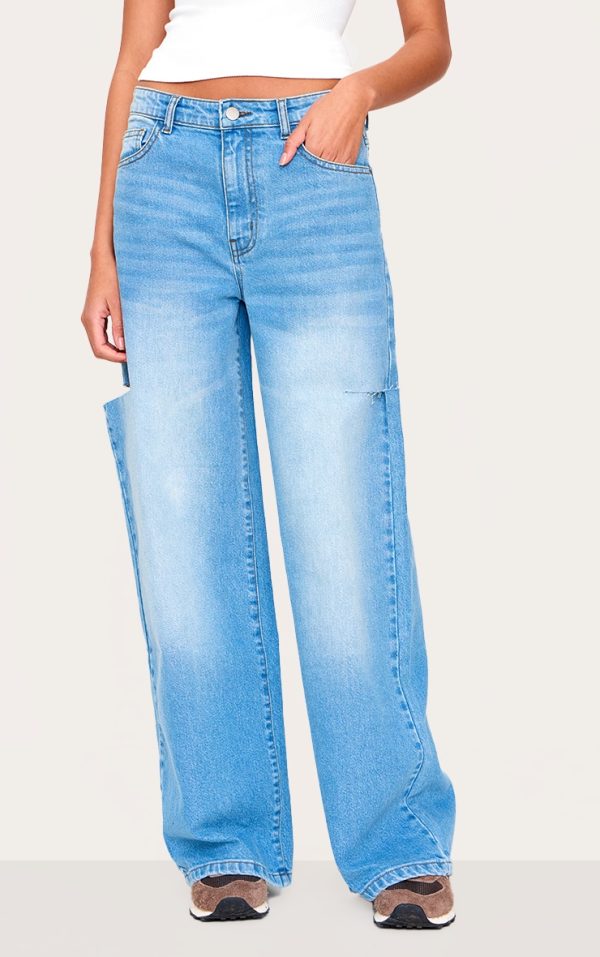 Mid Blue Wash Thigh Split Wide Leg Jeans