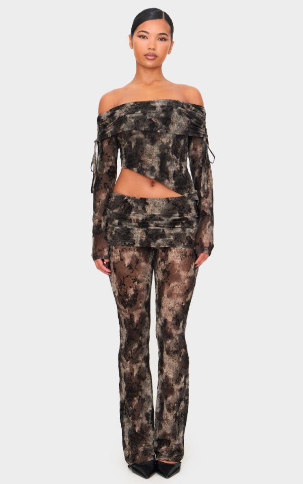 Charcoal Devore Mesh Foldover Slim Flare Pants