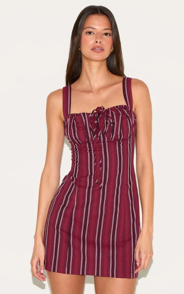Burgundy Pinstripe Tie Detail Shift Dress