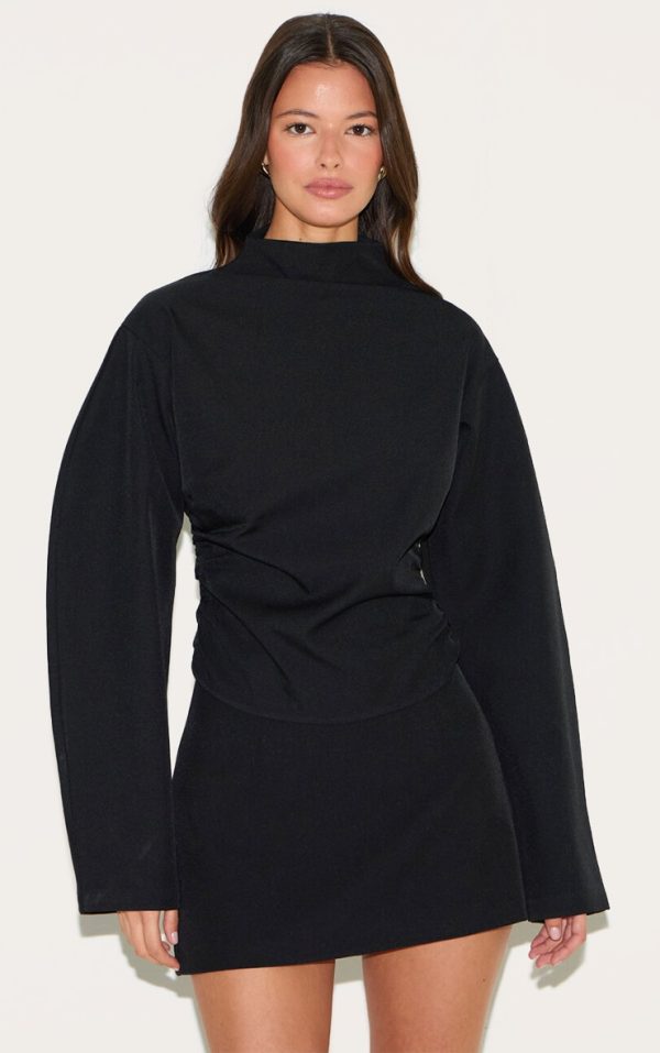 Black Woven Highneck Fitted Top