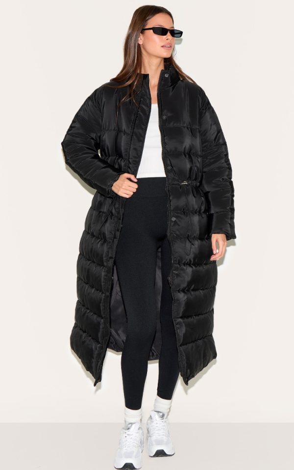 Black Maxi Cinched Waist Puffer Coat