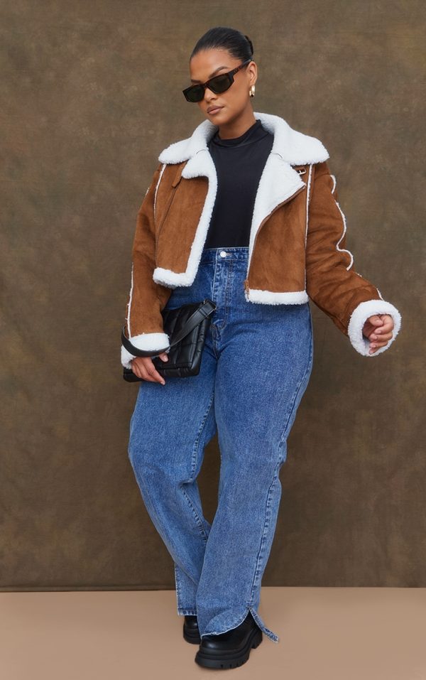 Plus Brown Borg Lined Faux Suede Super Cropped Aviator