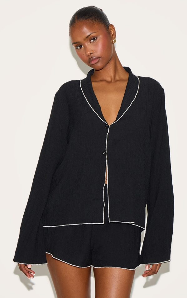 Black Linen Look Textured Contrast Trim Floaty Shorts