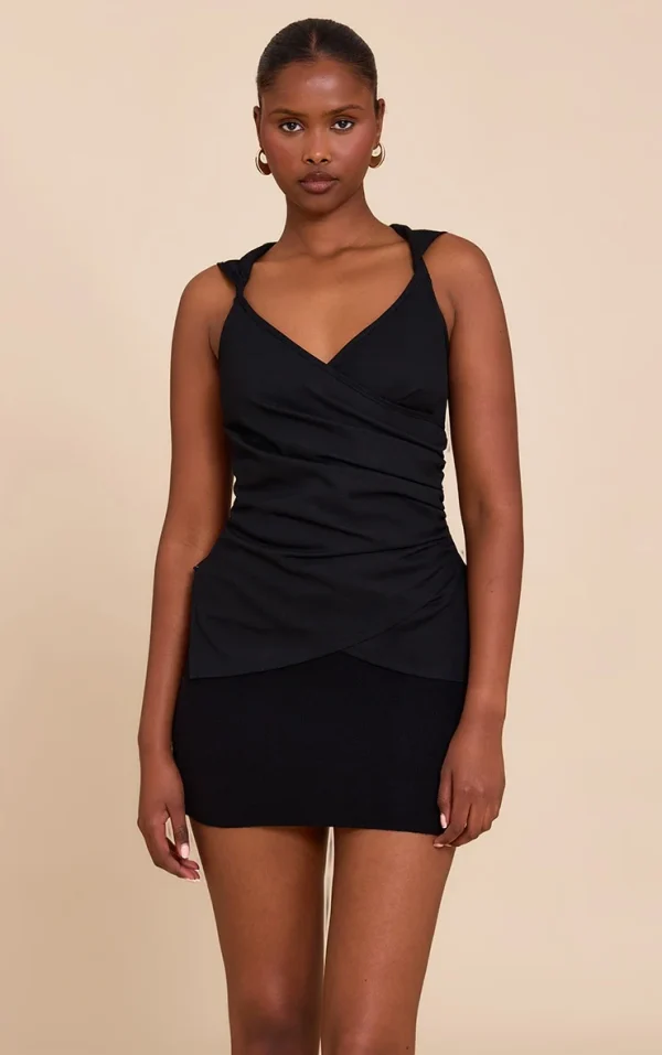 Black Lightweight Woven Ruched Wrap Front Top