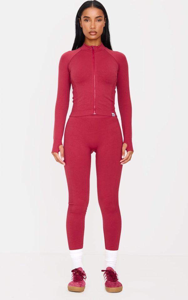 Dark Red Ribbed Detail Gym Leggings