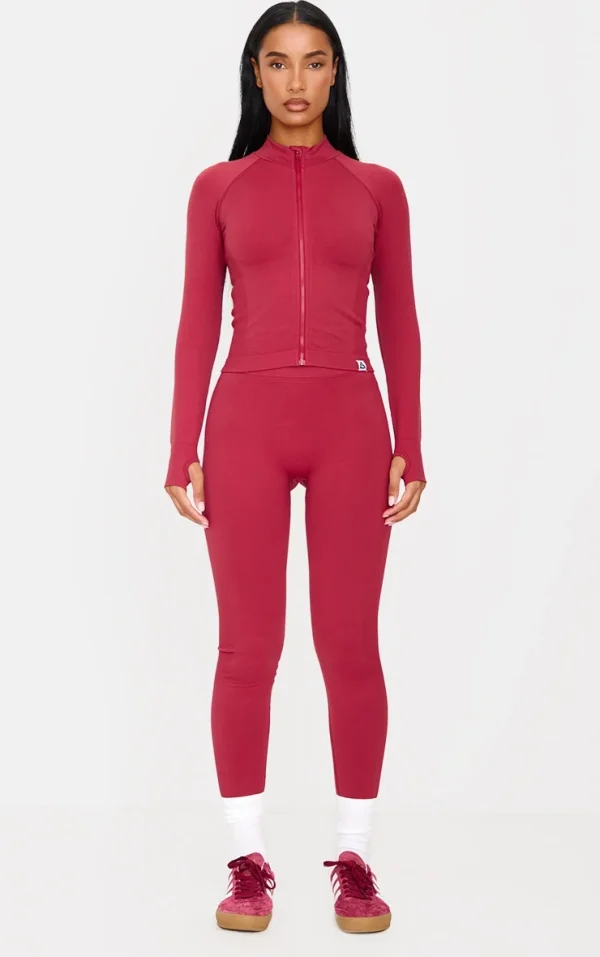 Dark Red Ribbed Detail Gym Leggings