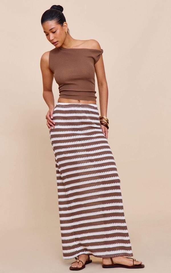 Mocha Striped Textured Jersey Maxi Skirt