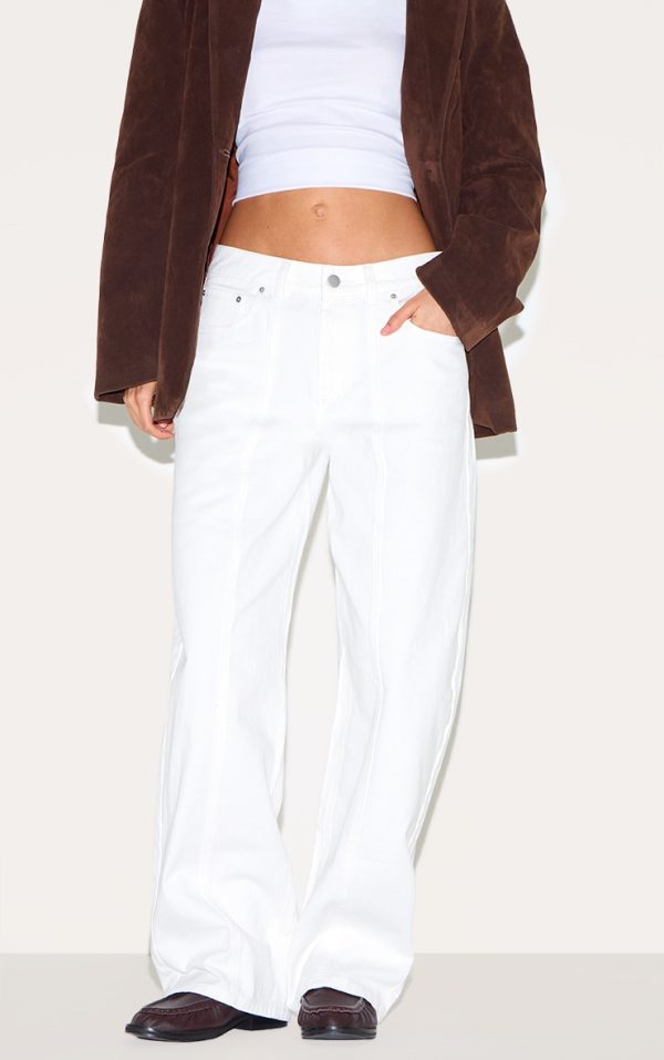 White Low Rise Seam Detail Barrel Jean