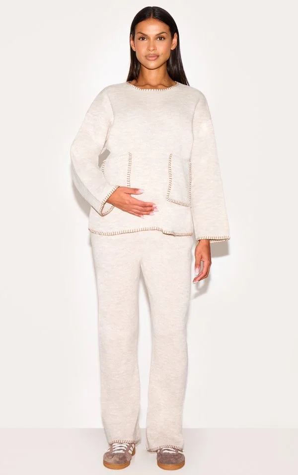 Maternity Oatmeal Knitted Straight Leg Pants