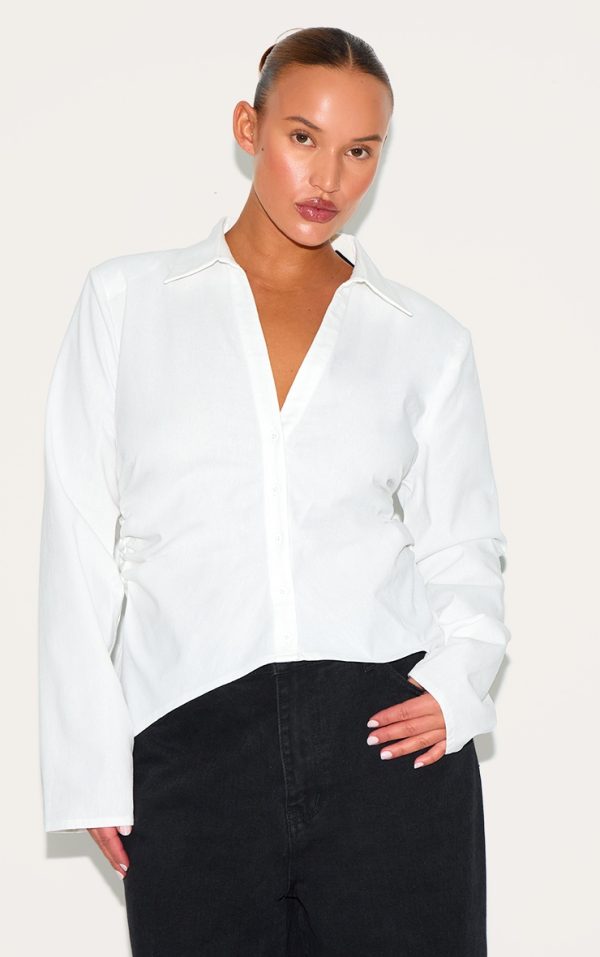 Plus White Linen Shoulder Padded Fitted Shirt