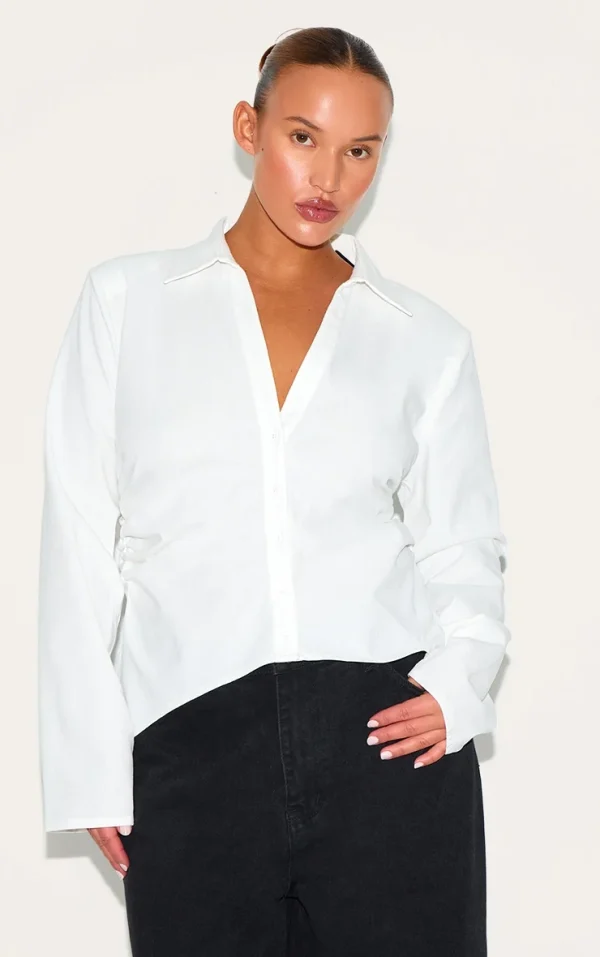Plus White Linen Shoulder Padded Fitted Shirt