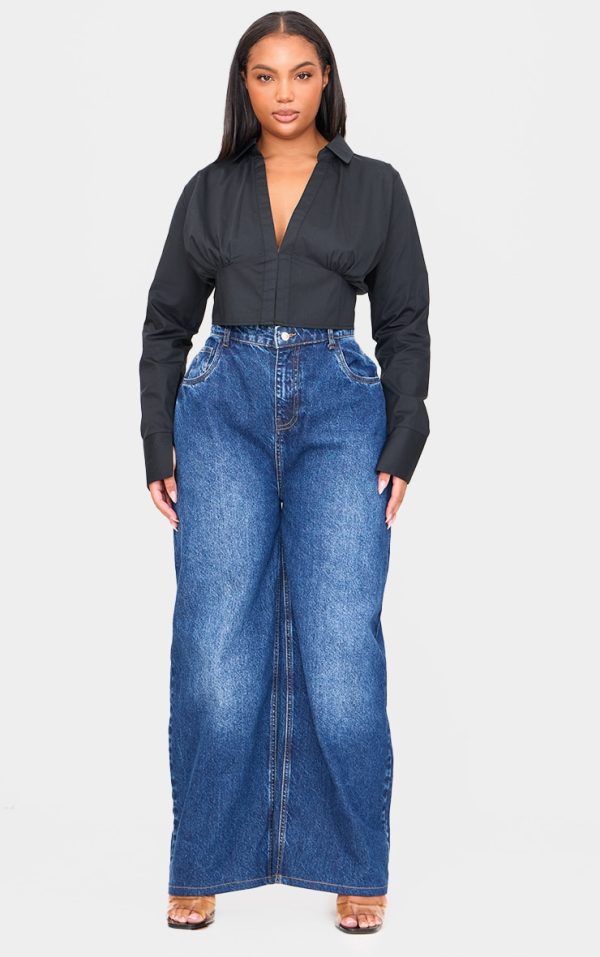 Plus Black Cropped Corset Detail Fitted Shirt
