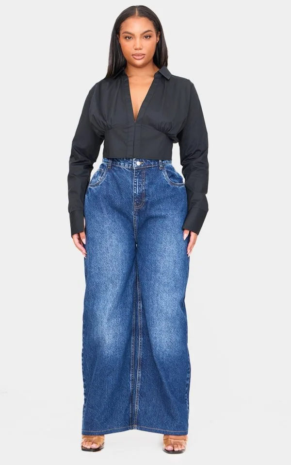 Plus Black Cropped Corset Detail Fitted Shirt