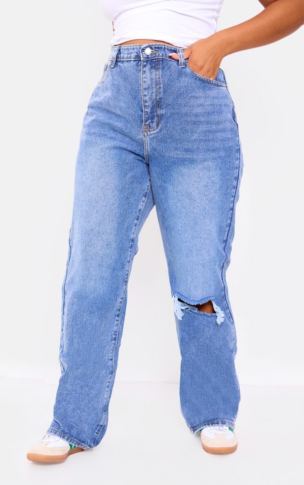 Plus Light Blue Wash Open Knee Long Leg Straight Leg Jeans