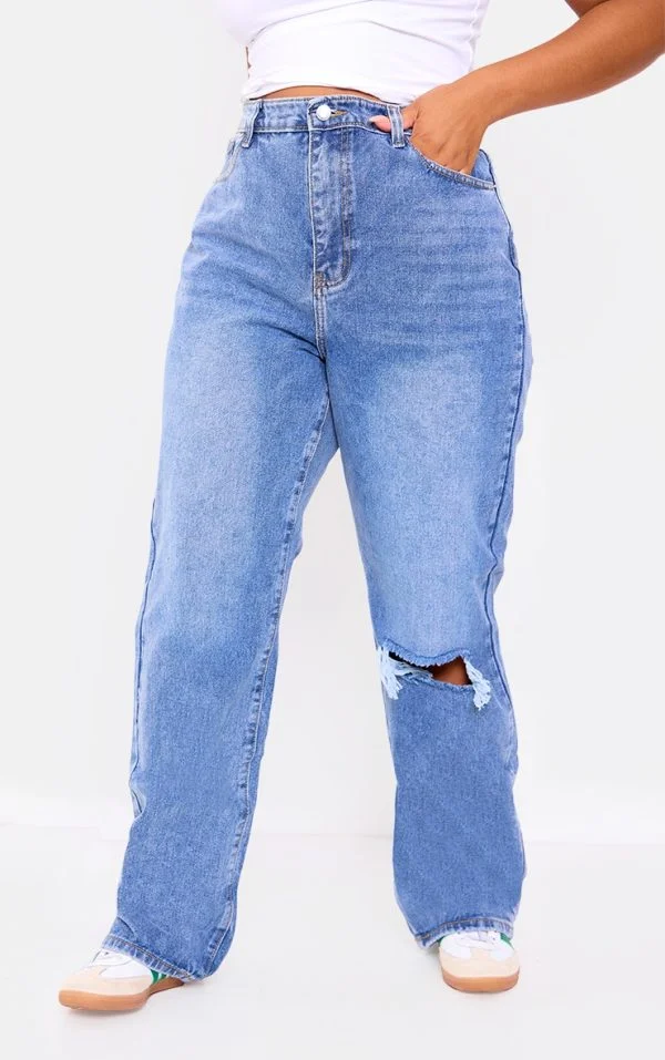 Plus Light Blue Wash Open Knee Long Leg Straight Leg Jeans