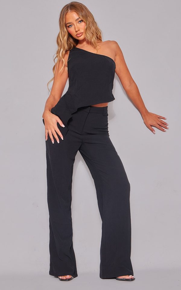 Black Woven High Waist Tailored Pants