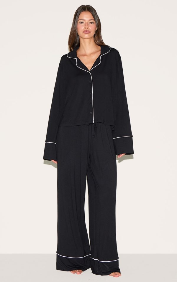 Black Modal Piping Long Pj Set