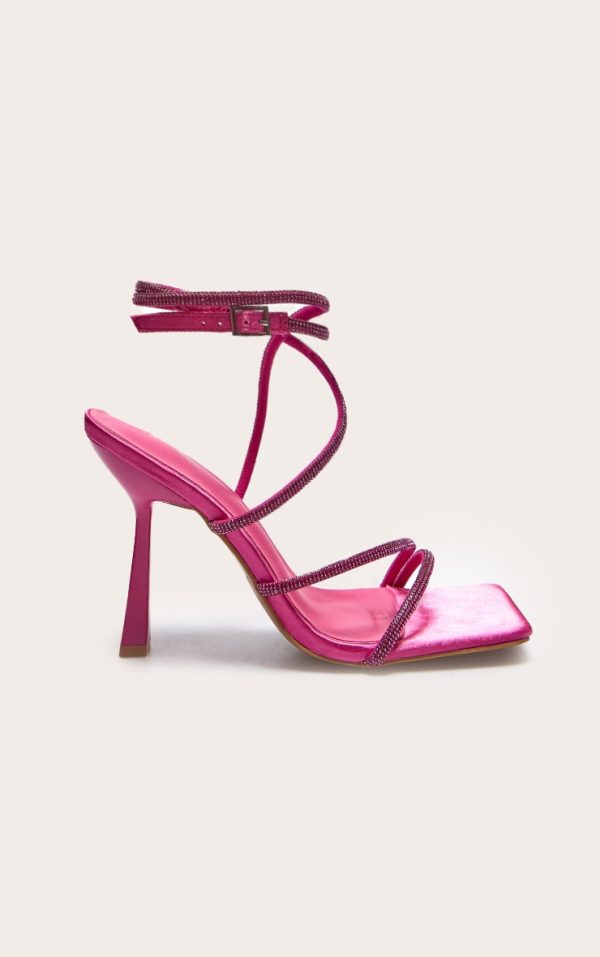 Pink Satin Square Toe Diamante Strappy High Heeled Sandals