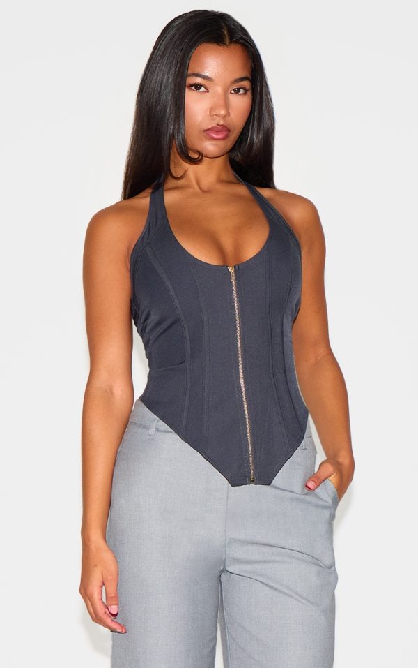 Navy Boned Dip Hem Corset