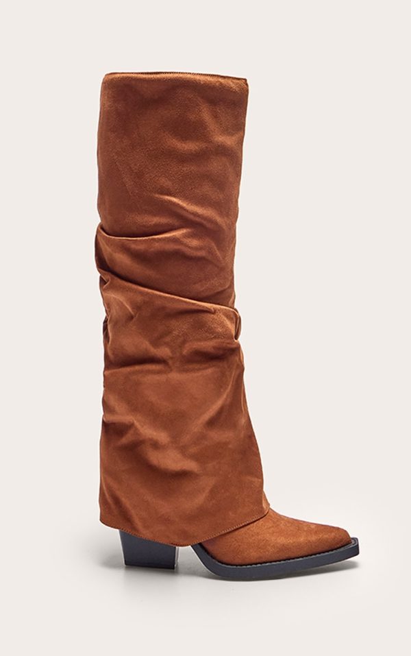 Tan Faux Suede Point Toe Fold Over Block Heel Knee High Boots