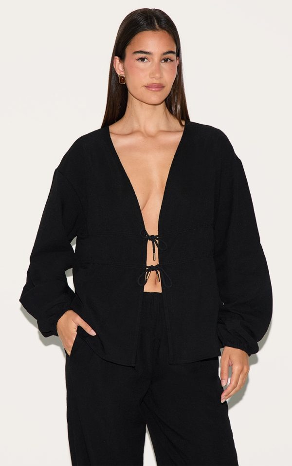 Black Textured Ruched Side Long Sleeve Plunge Top