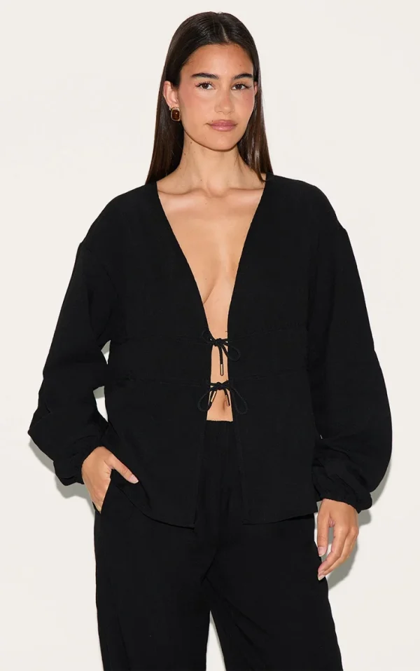 Black Textured Ruched Side Long Sleeve Plunge Top
