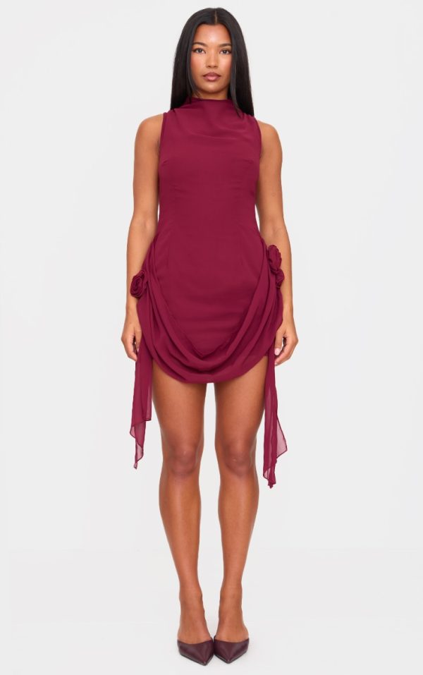 Burgundy Chiffon Boat Neck Drape Detail Mini Dress