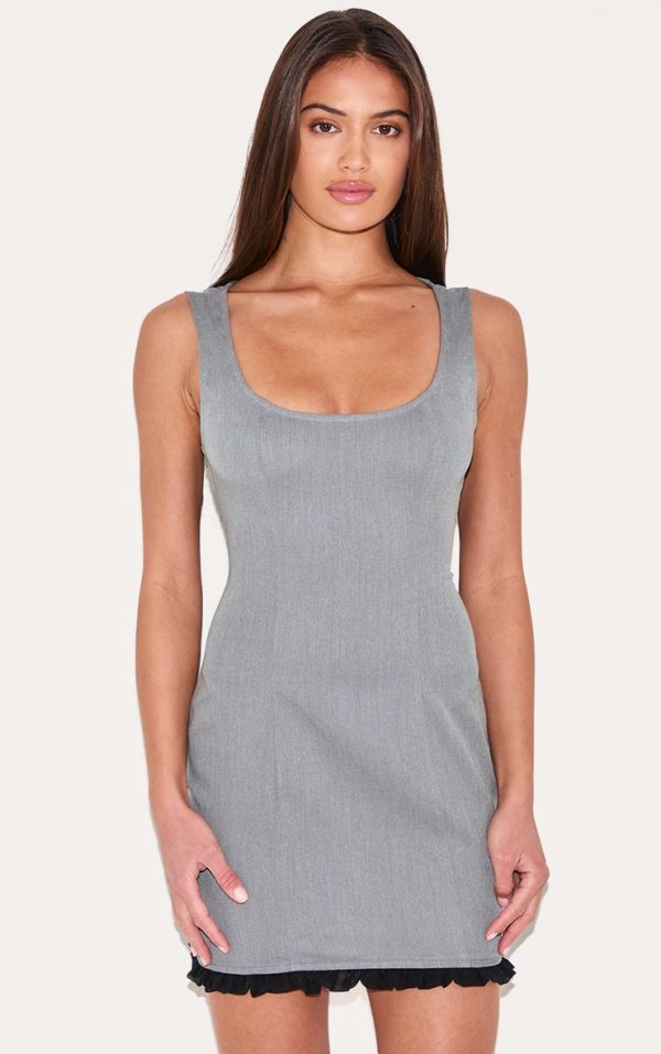 Grey Scoop Neck Frill Hem Bodycon Dress