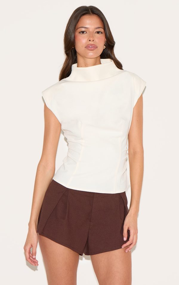 Cream Ruched Woven Shoulder Pad Top