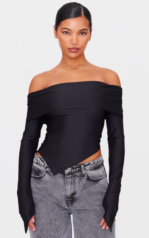 Black Slinky Bardot Asymmetric Long Top