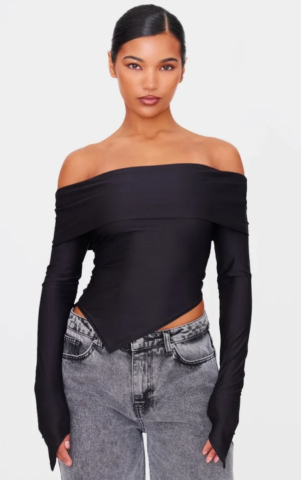 Black Slinky Bardot Asymmetric Long Top