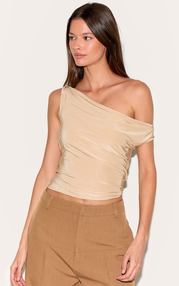 Sand Double Layer Slinky Twist Arm Cowl Long Top