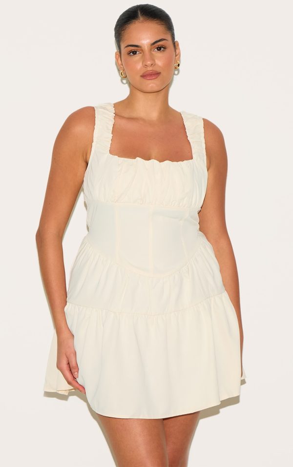 Plus Cream Ruched Tiered  Corset Skater Dress