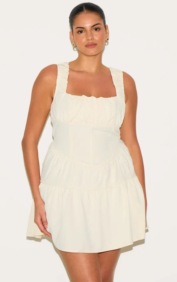 Plus Cream Ruched Tiered  Corset Skater Dress
