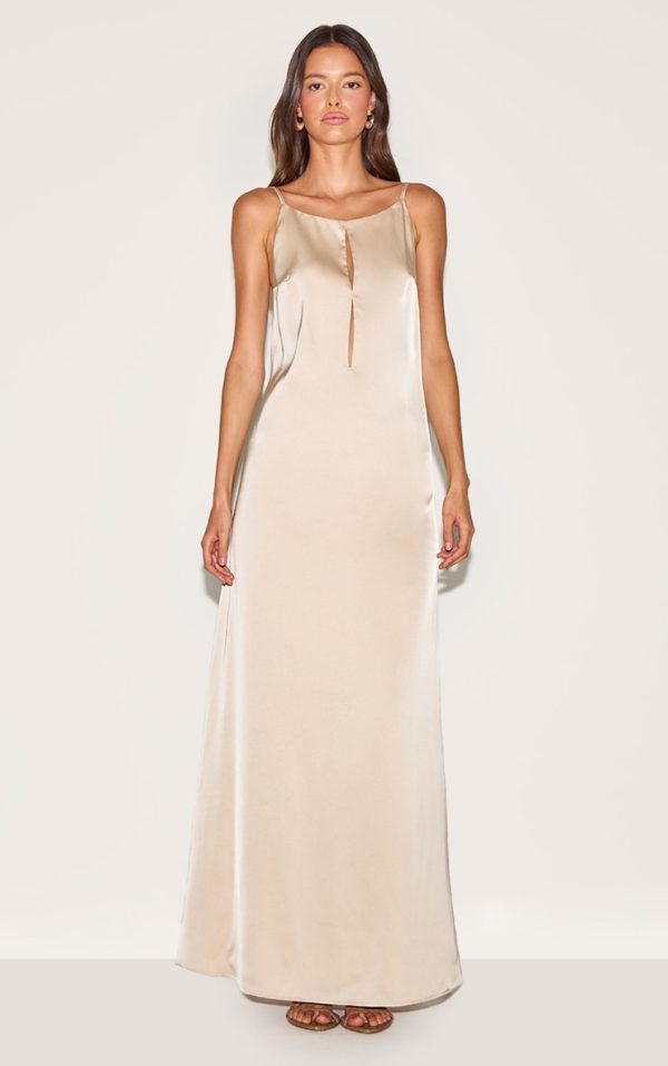 Natural Satin Keyhole Cut Out Slip Dress