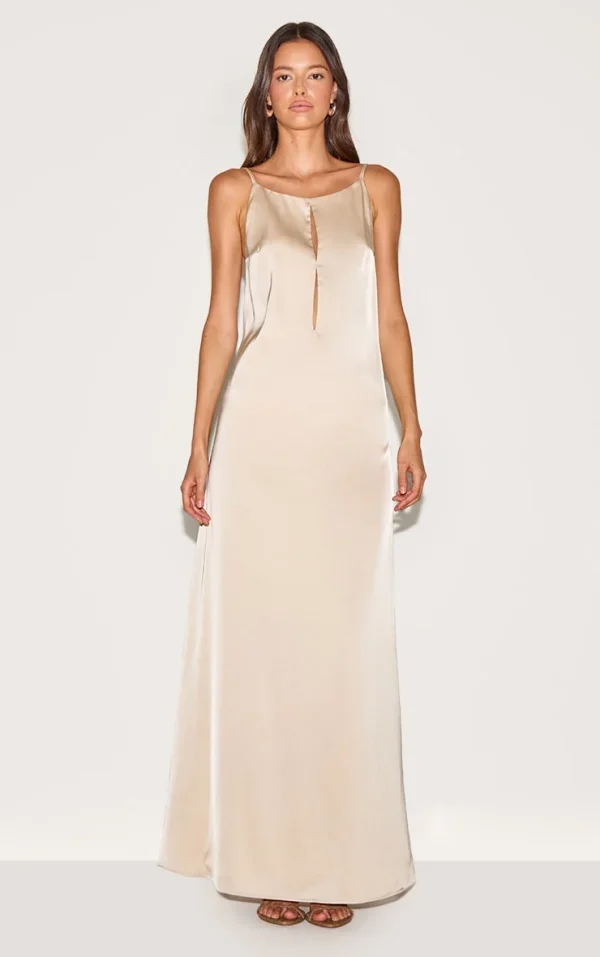 Natural Satin Keyhole Cut Out Slip Dress