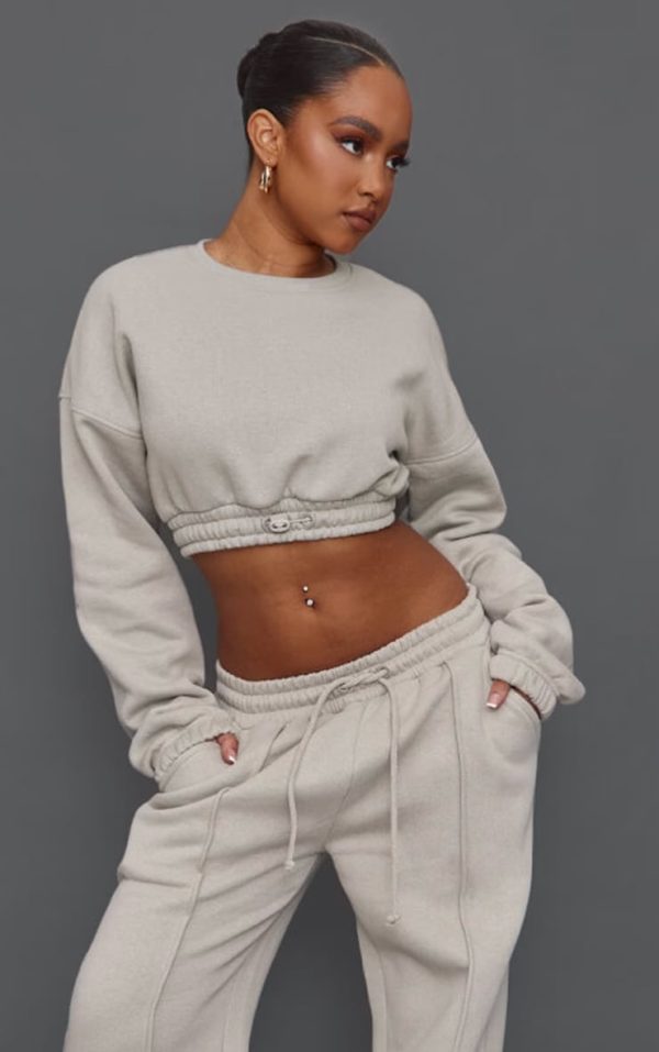 Petite Moss Grey Crop Elasticated Sweat Top