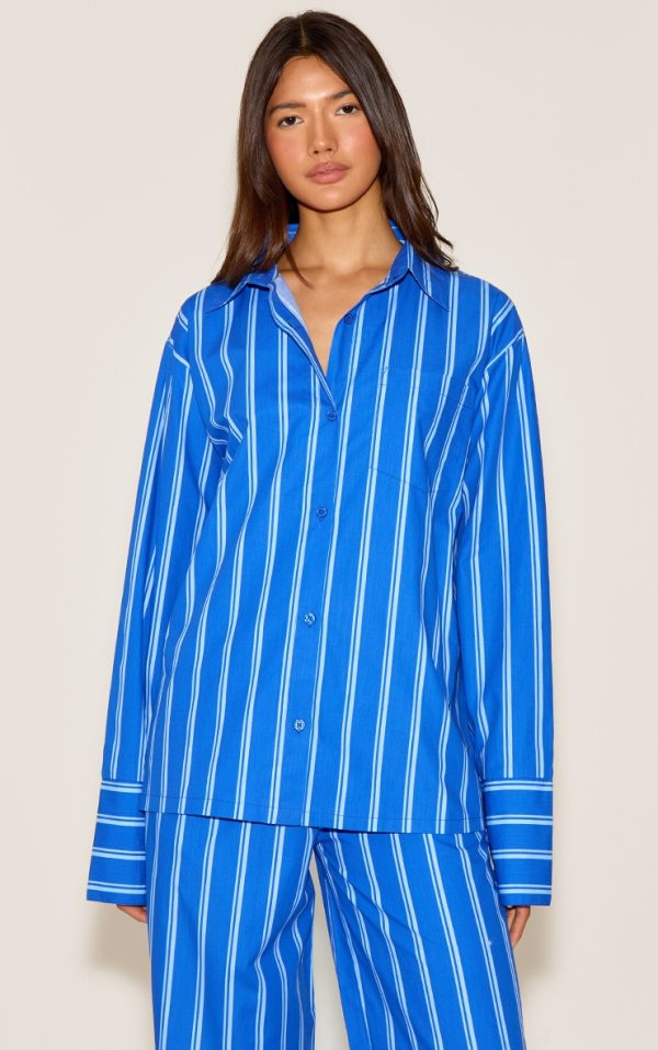 Blue Striped Cotton Poplin Oversized Long Sleeve Shirt