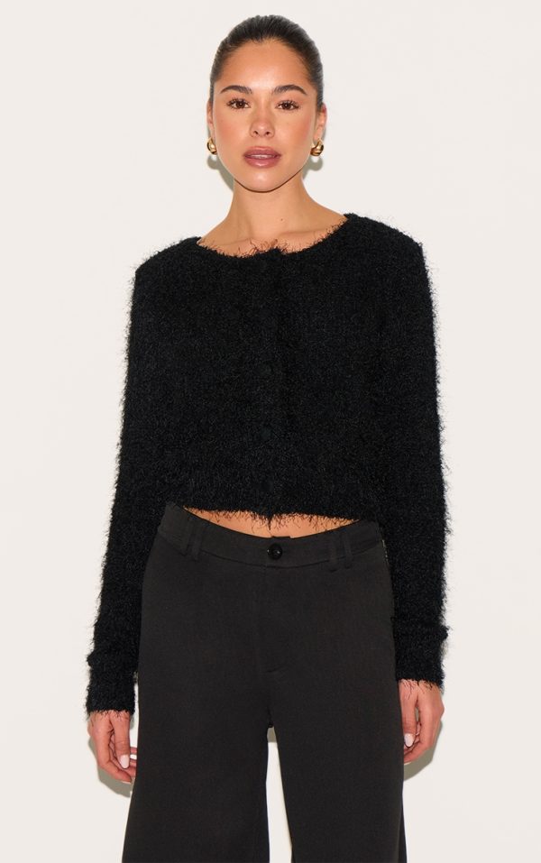 Black Textured Fluffy Knit Button Up Cardigan