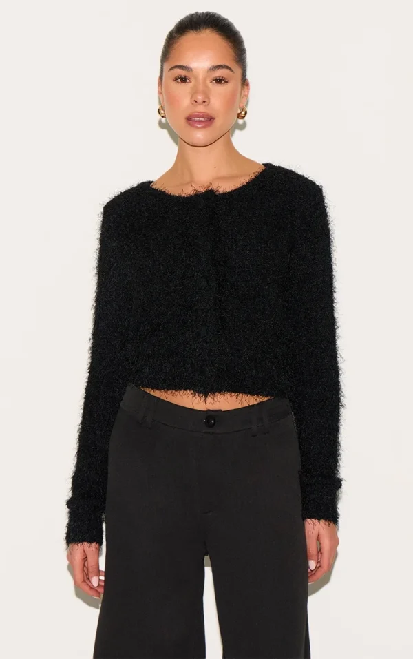 Black Textured Fluffy Knit Button Up Cardigan