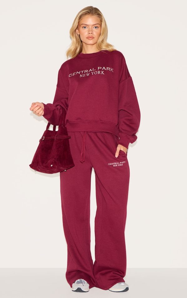 Burgundy Central Park Embroidered Wide Leg Sweatpants