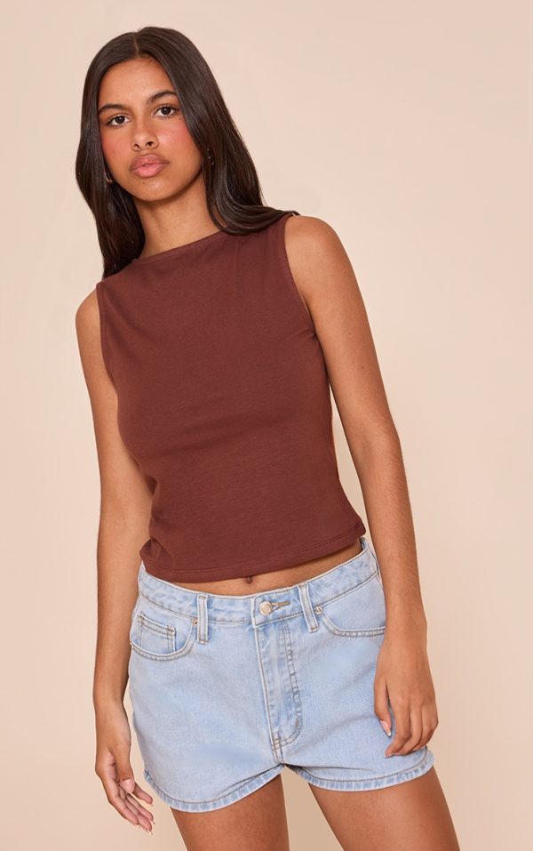 Petite Chocolate Soft Cotton Boat Neck Sleeveless Top