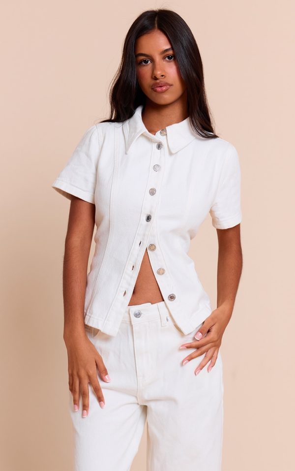 Petite White Denim Button Up Short Sleeve Shirt