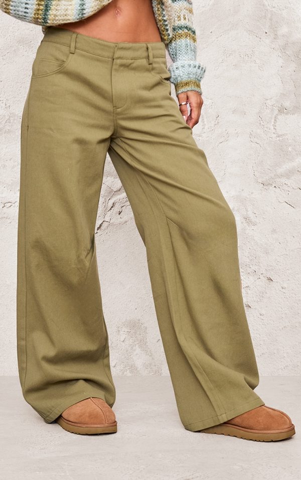 Khaki Low Rise Twill Wide Leg Pants
