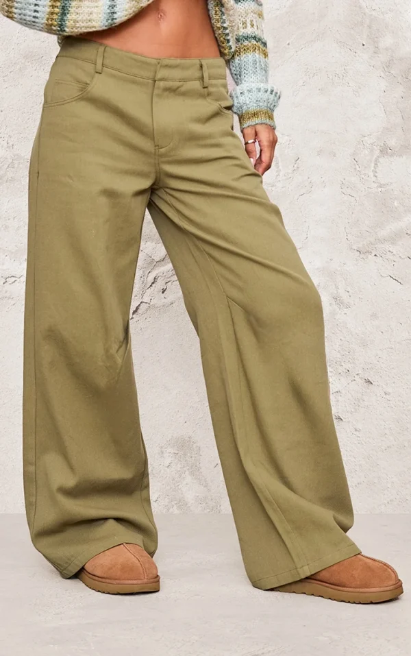Khaki Low Rise Twill Wide Leg Pants