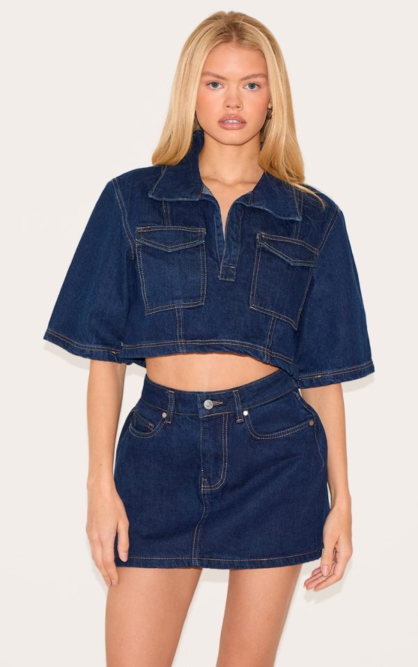 Indigo Contrast Stitch Cropped Denim Shirt